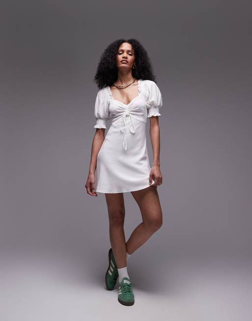 white ruched puff sleeve dress NWT Abercrombie & Fitch Ruched Puff Sleeve Mini Dress White Small