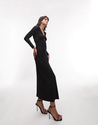 Topshop ruched keyhole slinky jersey midi dress in black