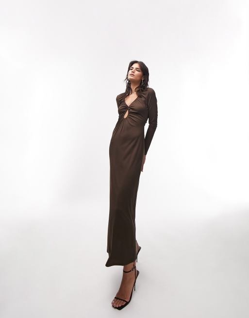 Topshop ruched keyhole slinky jersey midi dress in chocolate, 2 of 4