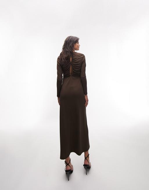 Topshop ruched keyhole slinky jersey midi dress in chocolate, 4 of 4