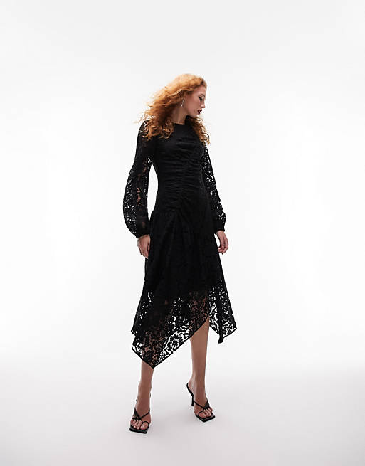 Topshop ruched lace long sleeve midi dress in black