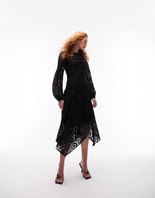 Topshop ruched lace long sleeve midi dress in black, 4 of 4