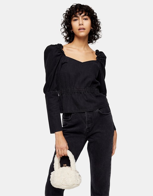 Topshop Ruched Long Sleeve Blouse in Washed Black