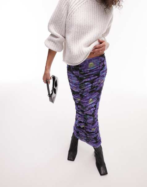 Topshop ruched mesh floral midi skirt in purple