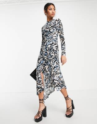 Topshop ruched mesh midi dress in abstract animal print  - ASOS Price Checker