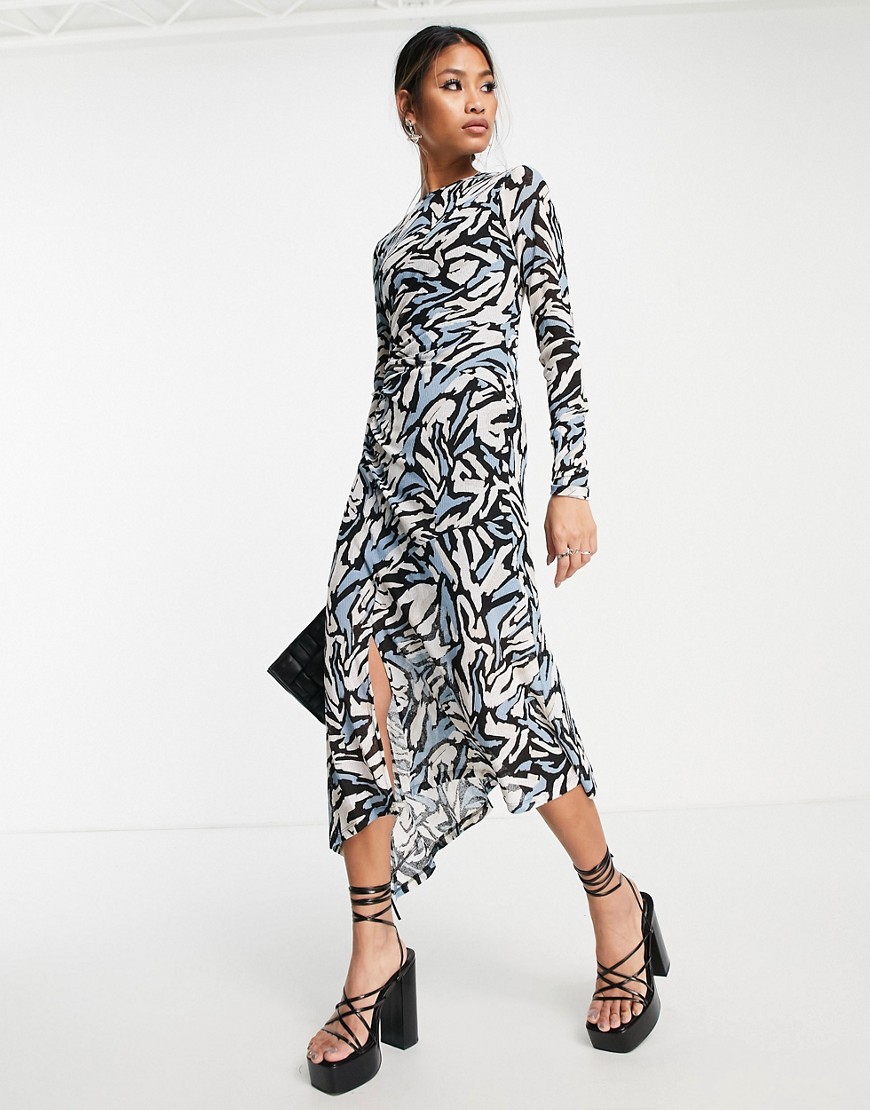 Topshop ruched mesh midi dress in abstract animal print-Multi