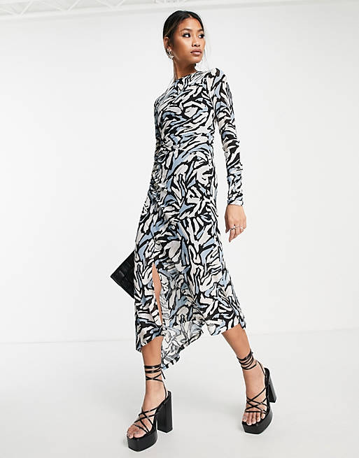 Women Topshop ruched mesh midi dress in abstract animal print 