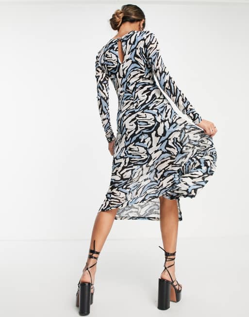 Topshop ruched mesh midi dress in abstract animal print