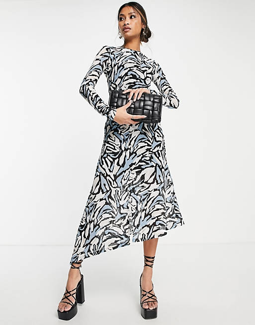 Women Topshop ruched mesh midi dress in abstract animal print 