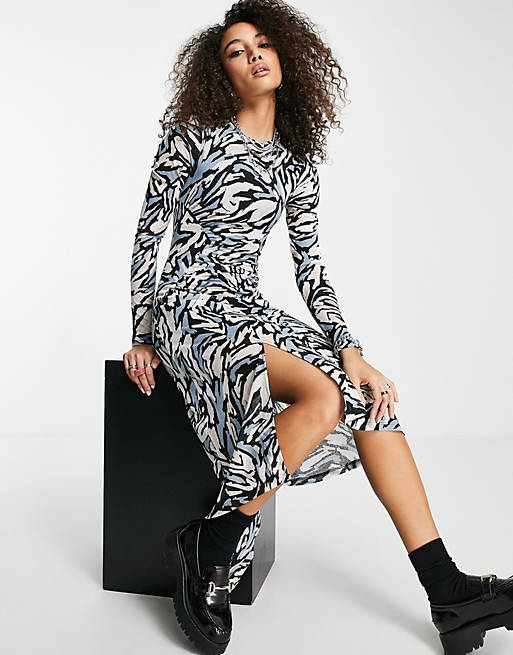 Dresses Topshop ruched mesh midi dress in abstract animal print 