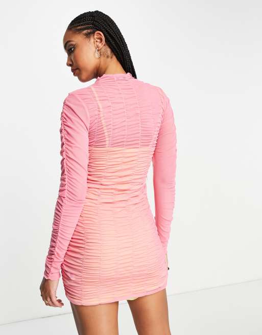 Express, Body Contour Mesh Ruched Side Slit Midi Dress in Gorgeous Pink