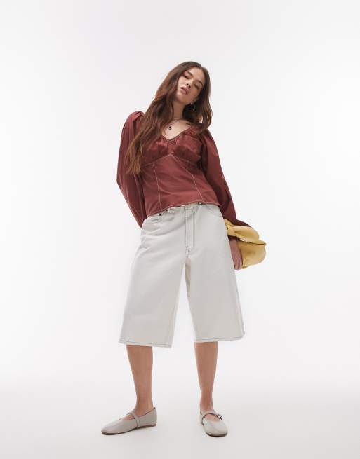 Topshop ruched neck balloon sleeve blouse with top stitching in chocolate, 2 of 4