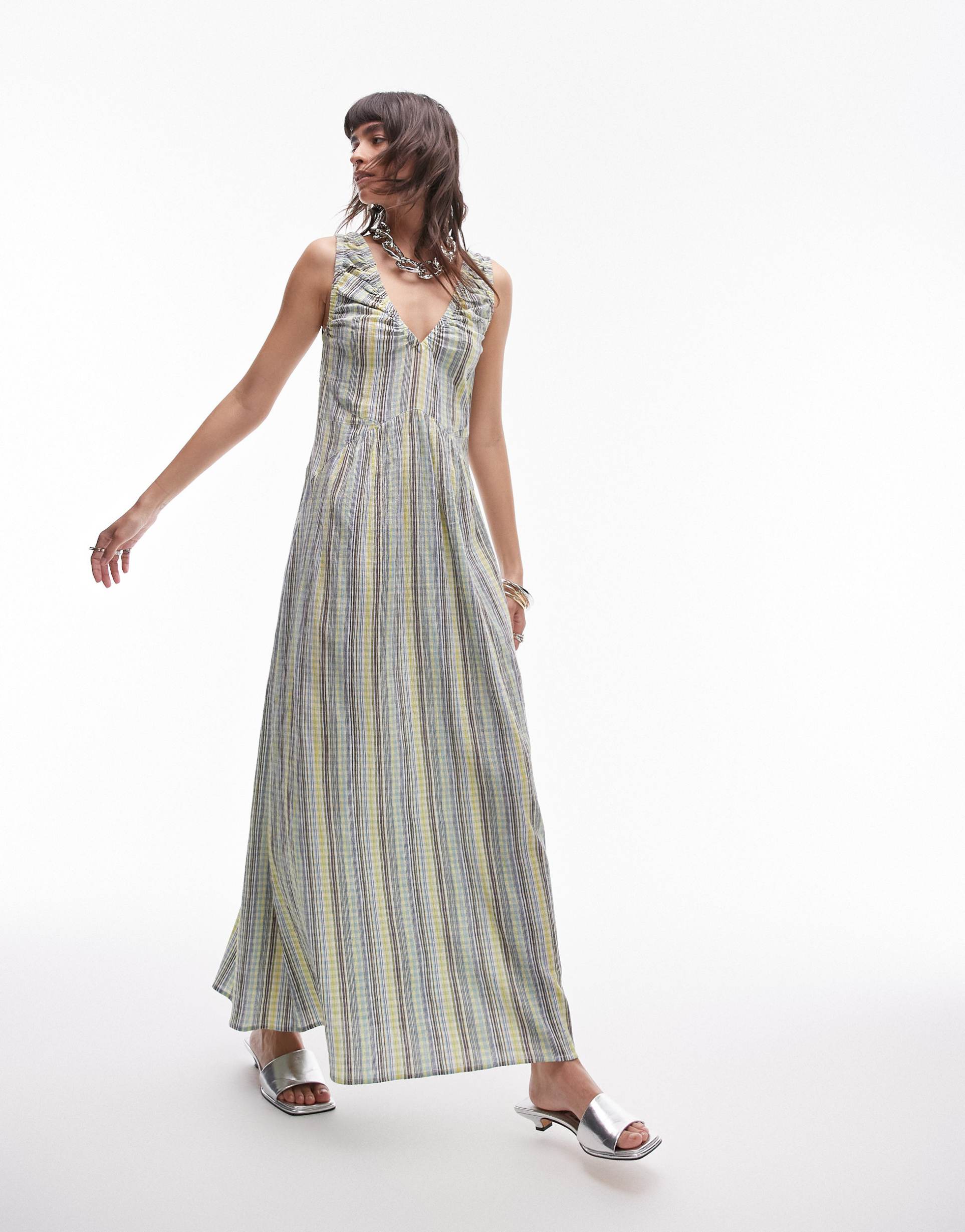 topshop ruched neck maxi dress in green stripe