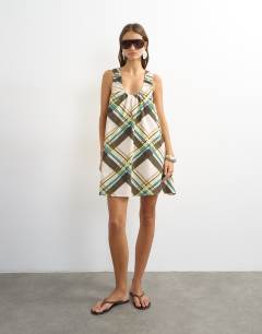 Ruched neck mini dress in multi check print | Topshop
