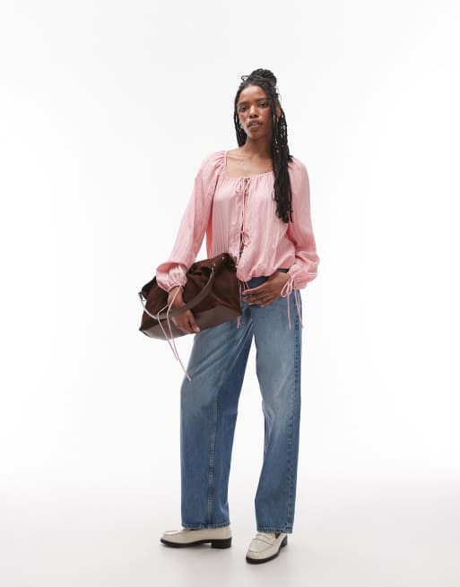 Topshop ruched neck tie front top in pink, 2 of 4