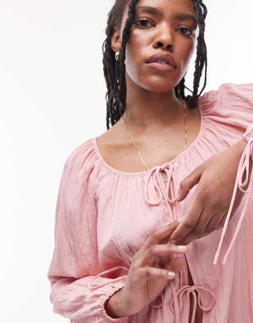 Topshop ruched neck tie front top in pink, 3 of 4