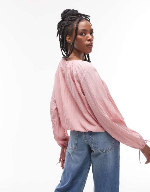 Topshop ruched neck tie front top in pink, 4 of 4