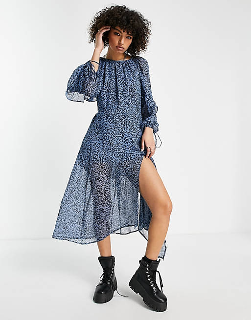 Topshop ruched neck tiered animal print dress in blue - MULTI