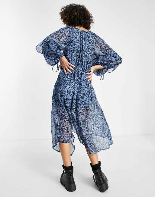 Topshop ruched neck tiered animal print dress in blue - MULTI | ASOS