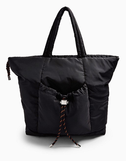 Topshop drawstring detail nylon tote bag in black