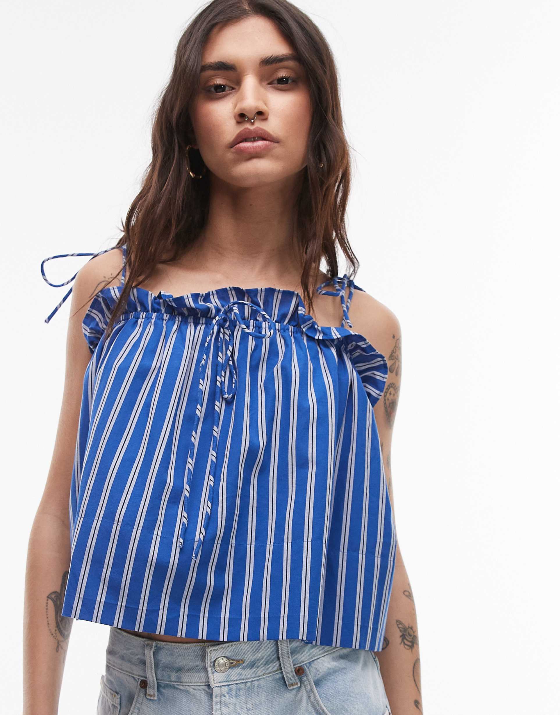 topshop ruched off the shoulder top in blue stripe