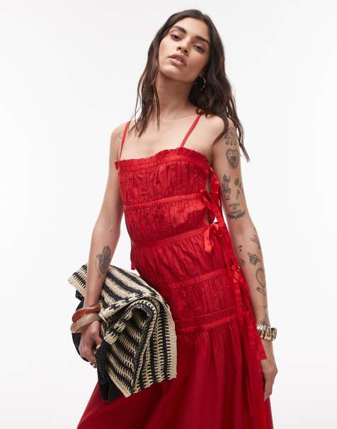 Topshop ruched panel midi dress with tie sides in red - view 1