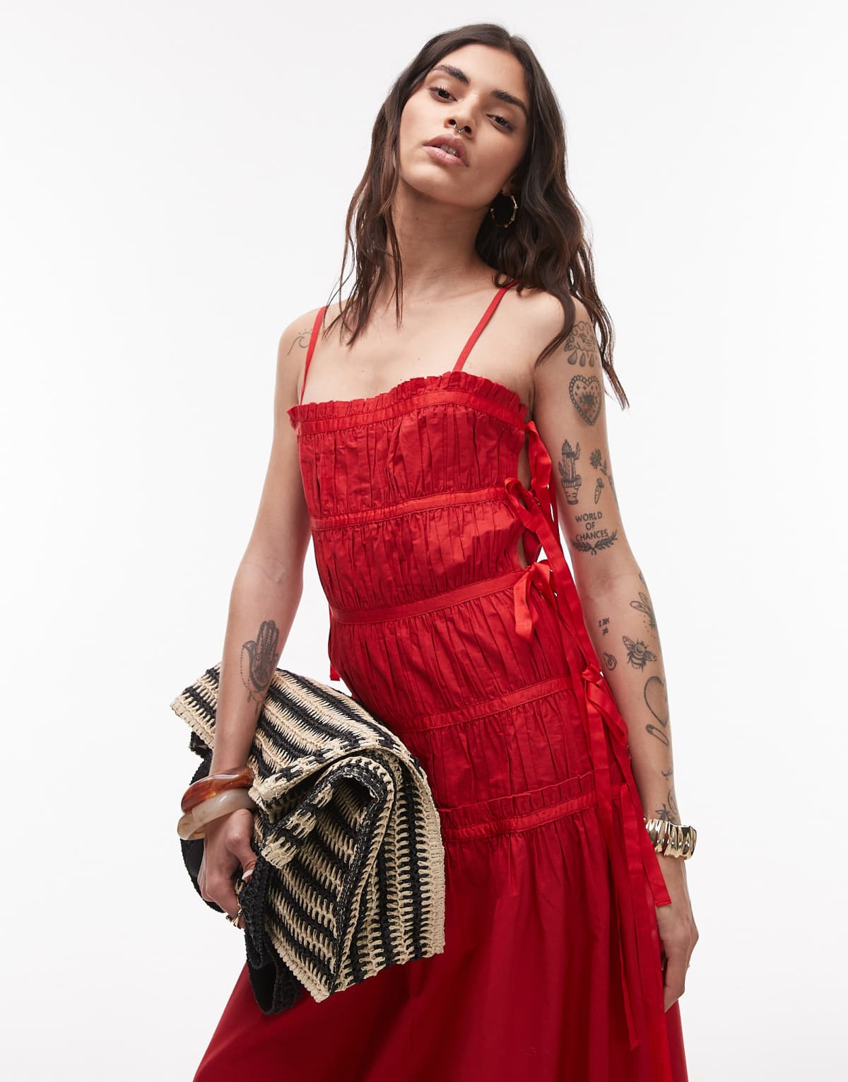 Topshop ruched panel midi dress with tie sides in red