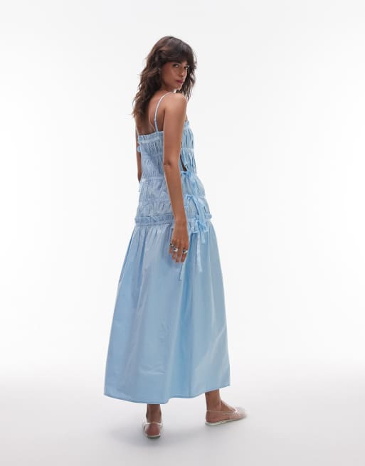 Topshop ruched panel midi dress with tie sides in sky blue