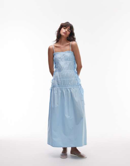 Topshop ruched panel midi dress with tie sides in sky blue
