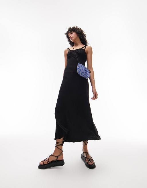 トップショップ Topshop ruched pinny midi dress in black レディース-