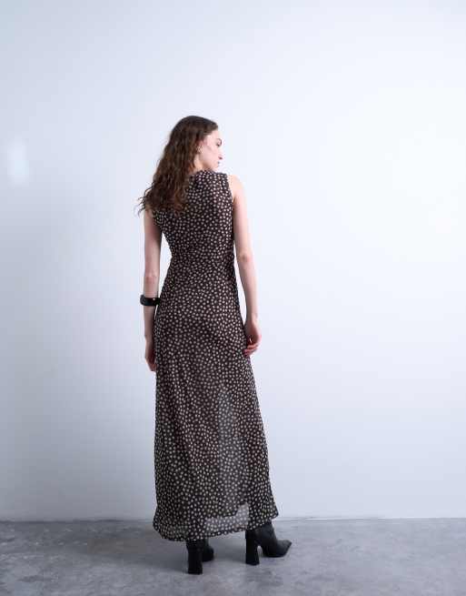 Topshop ruched polkadot maxi dress in brown