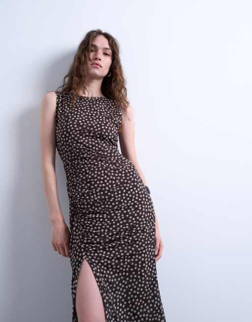 Topshop ruched polkadot maxi dress in brown