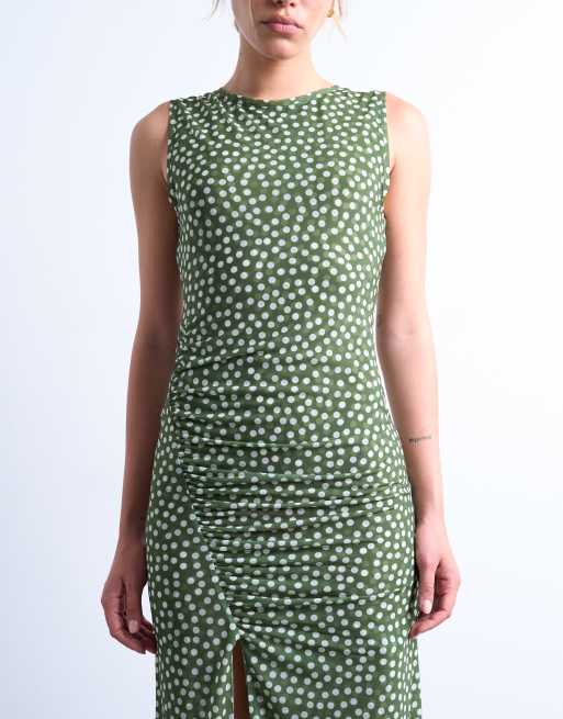 Topshop ruched polkadot maxi dress in green ASOS