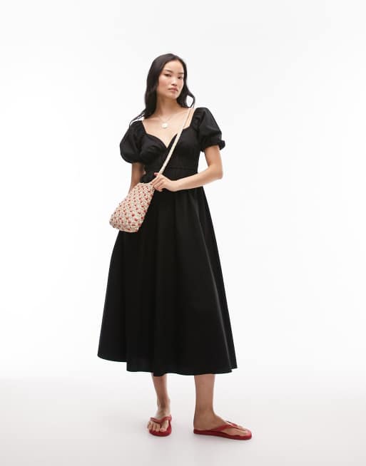 Topshop ruched poplin midi dress in black ASOS