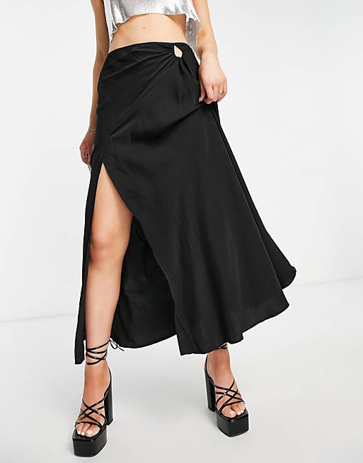  Topshop ruched satin maxi skirt in black 