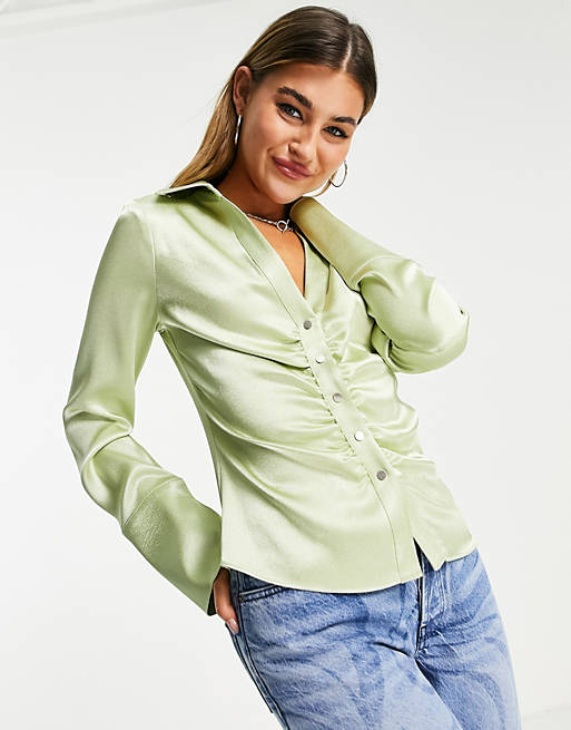 Women Shirts & Blouses/Topshop ruched satin popper shirt in apple green 