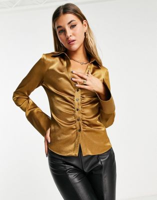 Topshop ruched satin popper shirt in chocolate