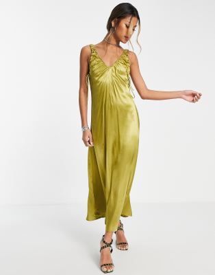 Topshop ruched satin slip dress in green