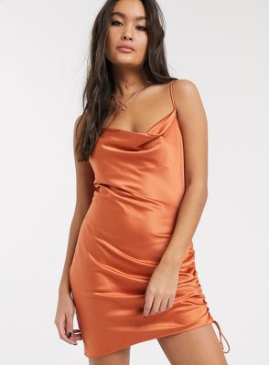 Topshop ruched satin slip dress in rust 