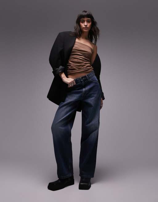 Topshop ruched side bandeau top in chocolate 