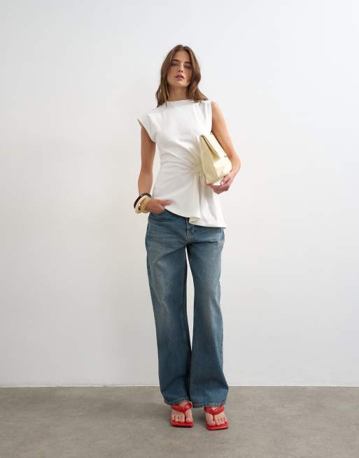 Topshop ruched side detail asymmetric top in ivory, 2 of 4