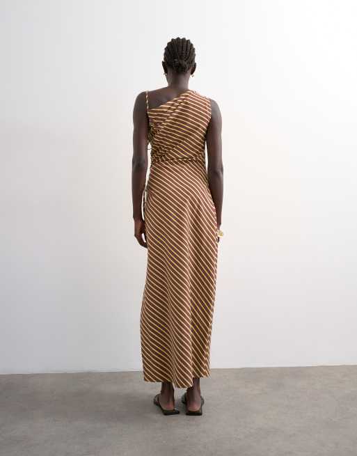 Topshop ruched side gathered shoulder midi dress in brown and lime stripes, 2 of 4