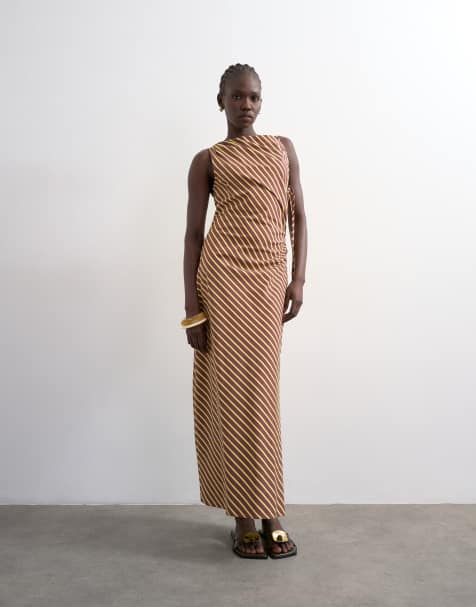 Topshop ruched side gathered shoulder midi dress in brown lime stripe - view 1