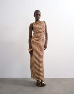 Ruched side gathered shoulder midi dress in brown lime stripe