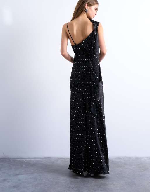 Topshop ruched side midi dress with drape back detail in black polka dot