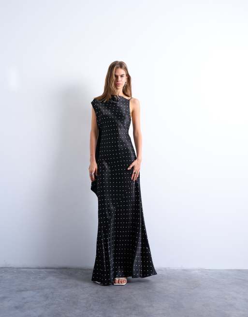 Topshop ruched side midi dress with drape back detail in black polka dot