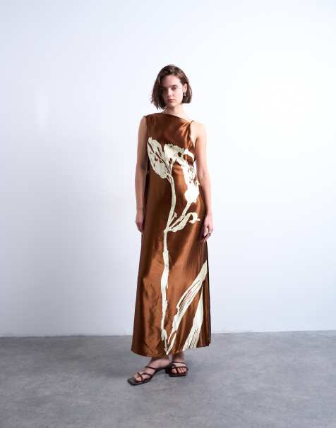 Topshop ruched side midi dress with drape back detail in brown and lime floral - view 1
