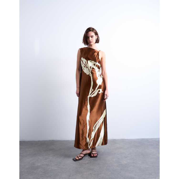 Topshop ruched side midi dress with drape back detail in brown and lime floral