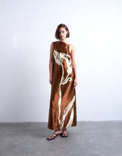 Ruched side midi dress with drape back detail in brown and lime floral