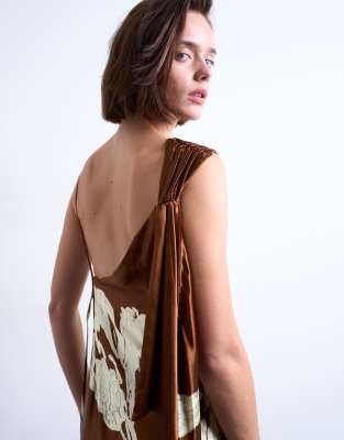 Topshop Ruched Side Midi Dress With Drape Back Detail In Brown